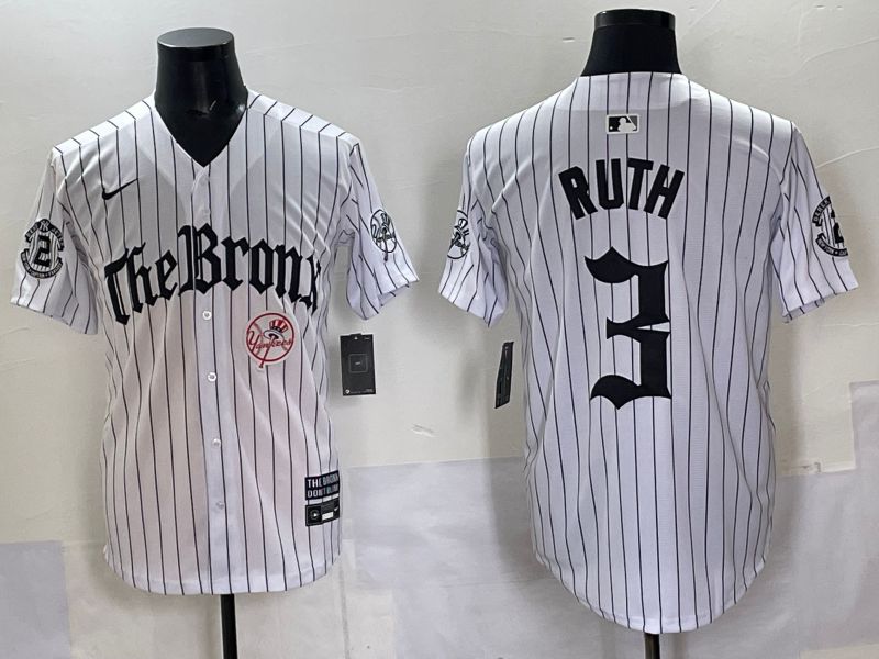 Men 2025 New York Yankees #3 Ruth White Stripe Five generations Joint Name Nike MLB Jersey style 09